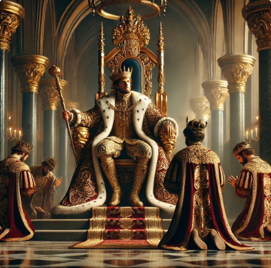 The scene is set in a grand hall with tall columns, chandeliers, and intricate tapestries. A majestic king is seated on a grand throne, dressed in luxurious royal robes adorned with gold and jewels. Several people kneel before him in deep reverence, wearing medieval-style clothing. 