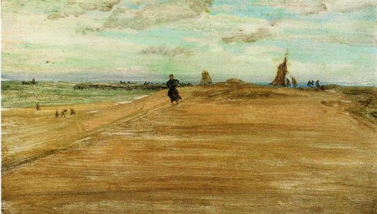 A painting of a beach with a curve of water on the left edge of the painting. A lone figure clad in black stands in the distance.